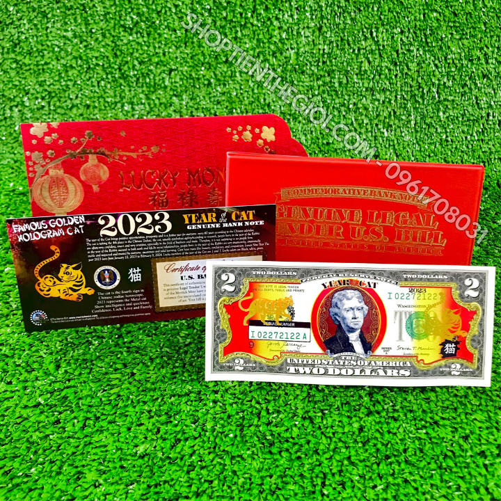 Tiền 2 USD Hình Con Mèo Mạ Vàng 2023 (Mẫu 1 Mèo Nằm)